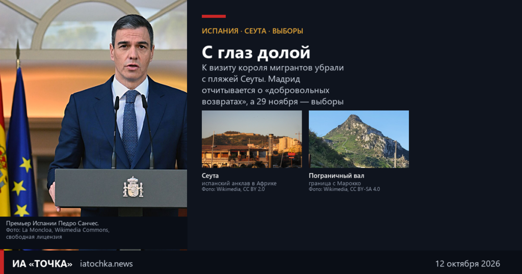 Мигранты в Сеуте: премьер Испании Педро Санчес, вид анклава и пограничный вал. К визиту короля вывезли последний лагерь. Коллаж ИА «Точка»