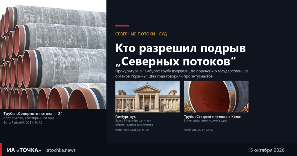 Подрыв «Северных потоков»: трубы газопровода в порту Мукран (фото Pedant01, CC BY-SA 4.0), здание Высшего земельного суда Гамбурга (Flocci Nivis, CC BY 4.0), труба «Северного потока» в Котке (Vuo, CC BY-SA 4.0)