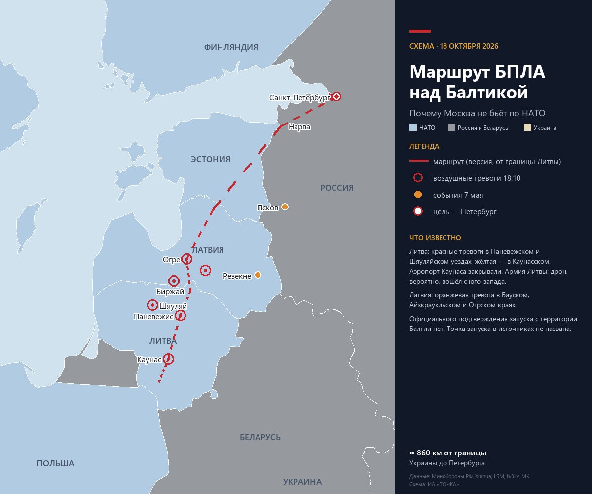 Маршрут БПЛА над Балтикой через небо НАТО: Каунас, Паневежис, Биржай, Огре, Нарва, Санкт-Петербург