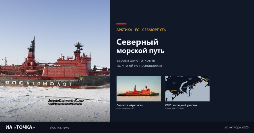 Северный морской путь: атомный ледокол «Ямал» и морской маршрут — обложка материала о претензиях Европы. Фото: Tuomas Romu (CC BY-SA 3.0), Abarinov (PD)